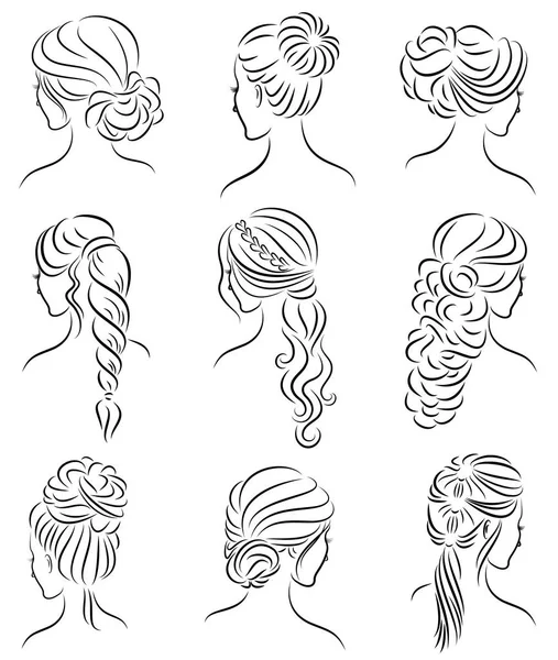 Collecte. Profil de silhouette d'une jolie tête de dame. La fille montre sa coiffure pour les cheveux moyens et longs. Convient pour le logo, la publicité. Jeu d'illustrations vectorielles — Image vectorielle