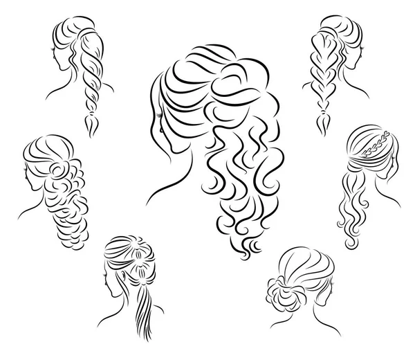 Collection. Silhouette profile of a cute lady s head. The girl shows her hairstyle for medium and long hair. Suitable for logo, advertising. Vector illustration set — Stock Vector