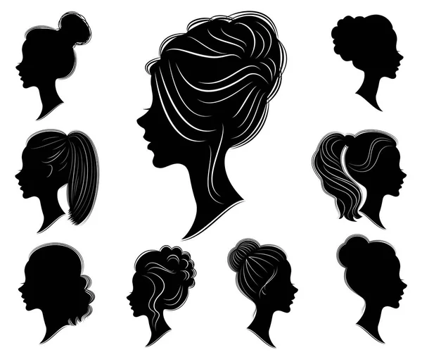 Koleksiyon. Farklı karelerde tatlı bir bayan bir kafa silueti. Kız orta ve uzun saç bir kadın saç modeli gösterir. Logo, reklam için uygundur. Vektör çizimleri kümesi