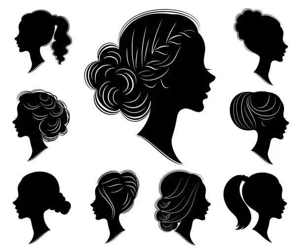 Collecte. Silhouette d'une tête de dame douce dans différents cadres. La fille montre la coiffure d'une femme sur les cheveux moyens et longs. Convient pour le logo, la publicité. Ensemble d'illustrations vectorielles — Image vectorielle