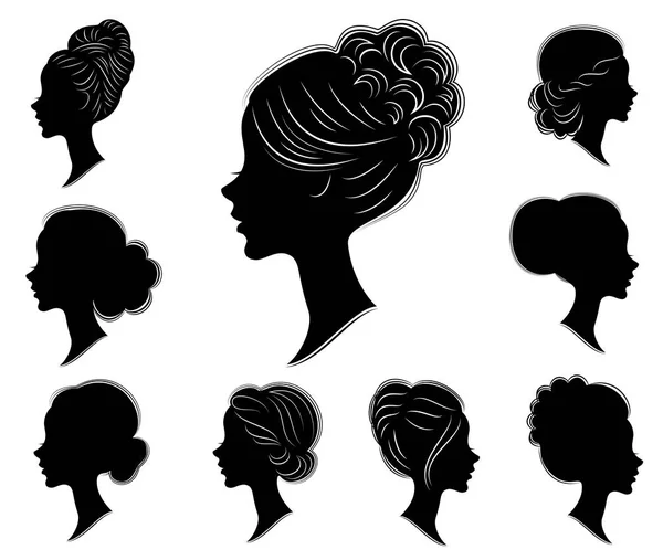 Koleksiyon. Farklı karelerde tatlı bir bayan bir kafa silueti. Kız orta ve uzun saç bir kadın saç modeli gösterir. Logo, reklam için uygundur. Vektör çizimleri kümesi