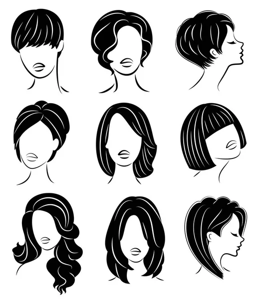 Collection. Silhouette profile of a cute lady s head. The girl shows her hairstyle for medium and long hair. Suitable for logo, advertising. Vector illustration set — Stock Vector