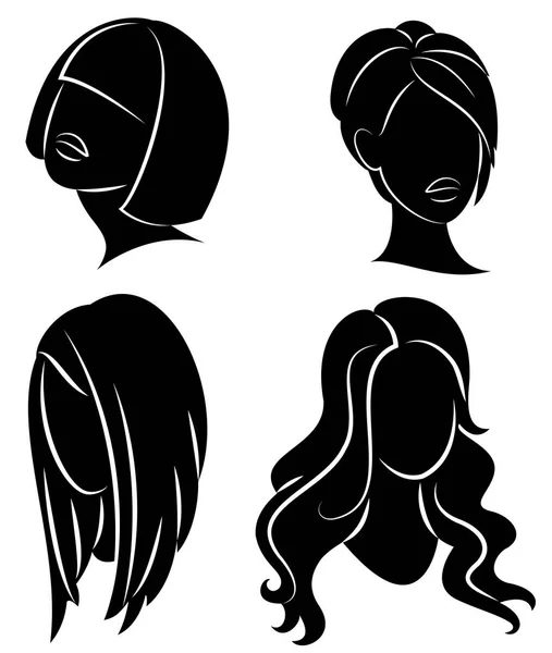 Συλλογή. Προφίλ σιλουέτας από ένα χαριτωμένο γυναικείο κεφάλι. Το κορίτσι δείχνει το χτένισμα της για μεσαία και μακριά μαλλιά. Κατάλληλο για λογότυπο, διαφήμιση. Σύνολο απεικόνισης διανυσματικών φορέων — Διανυσματικό Αρχείο