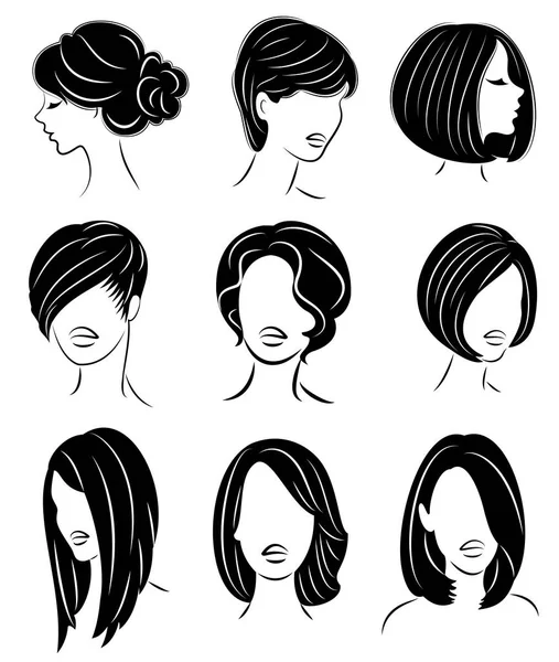 Koleksiyon. Sevimli bir bayan başının siluet profili. Kız orta ve uzun saçlar için onu saç modeli gösterir. Logo, reklam için uygundur. Vektör illüstrasyon seti