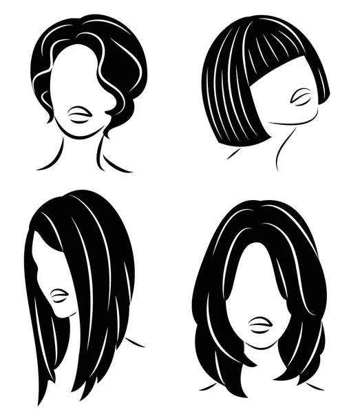 Collecte. Profil de silhouette d'une jolie tête de dame. La fille montre sa coiffure pour les cheveux moyens et longs. Convient pour le logo, la publicité. Jeu d'illustrations vectorielles — Image vectorielle