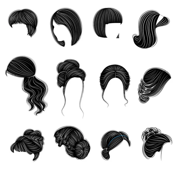 Koleksi gaya rambut perempuan untuk rambut pendek, panjang dan menengah. Gaya rambut yang modis, cantik dan bergaya. Untuk berambut cokelat, pirang dan berambut coklat. Set ilustrasi vektor - Stok Vektor