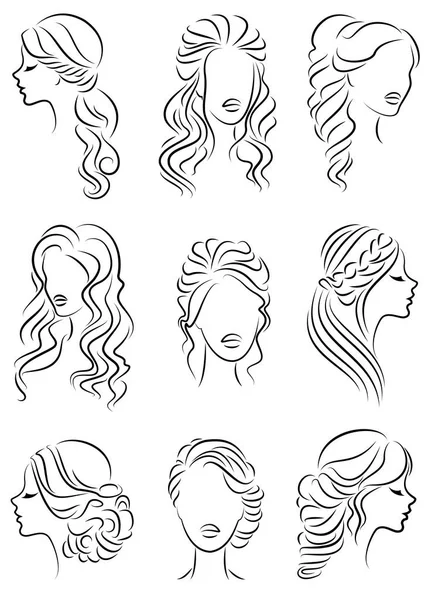 Collection. Silhouette profile of a cute lady s head. The girl shows her hairstyle for medium and long hair. Suitable for logo, advertising. Vector illustration set — Stock Vector