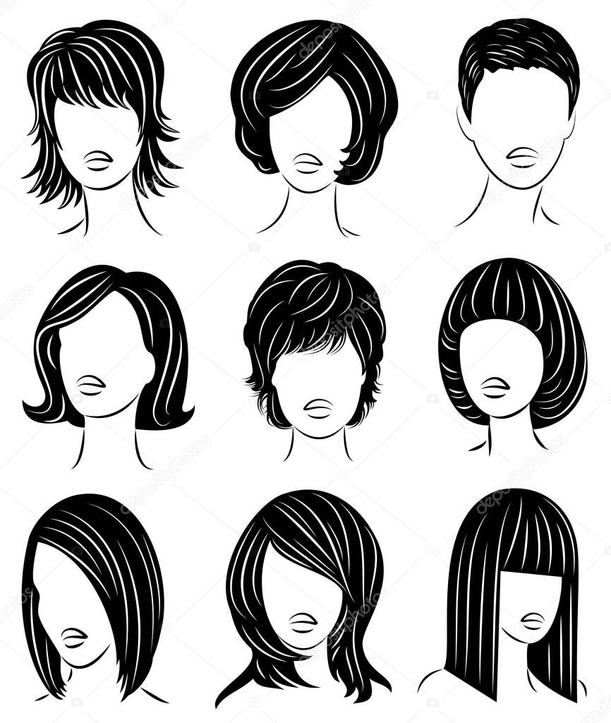 Collection. Silhouette profile of a cute lady s head. The girl shows her hairstyle for medium and long hair. Suitable for logo, advertising. Vector illustration set