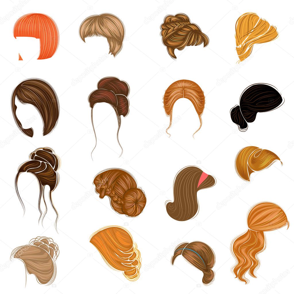Collection of female hairstyles for short, long and medium hair. Hairstyles are fashionable, beautiful and stylish. For brunettes, blondes and brown-haired. Vector illustration set.