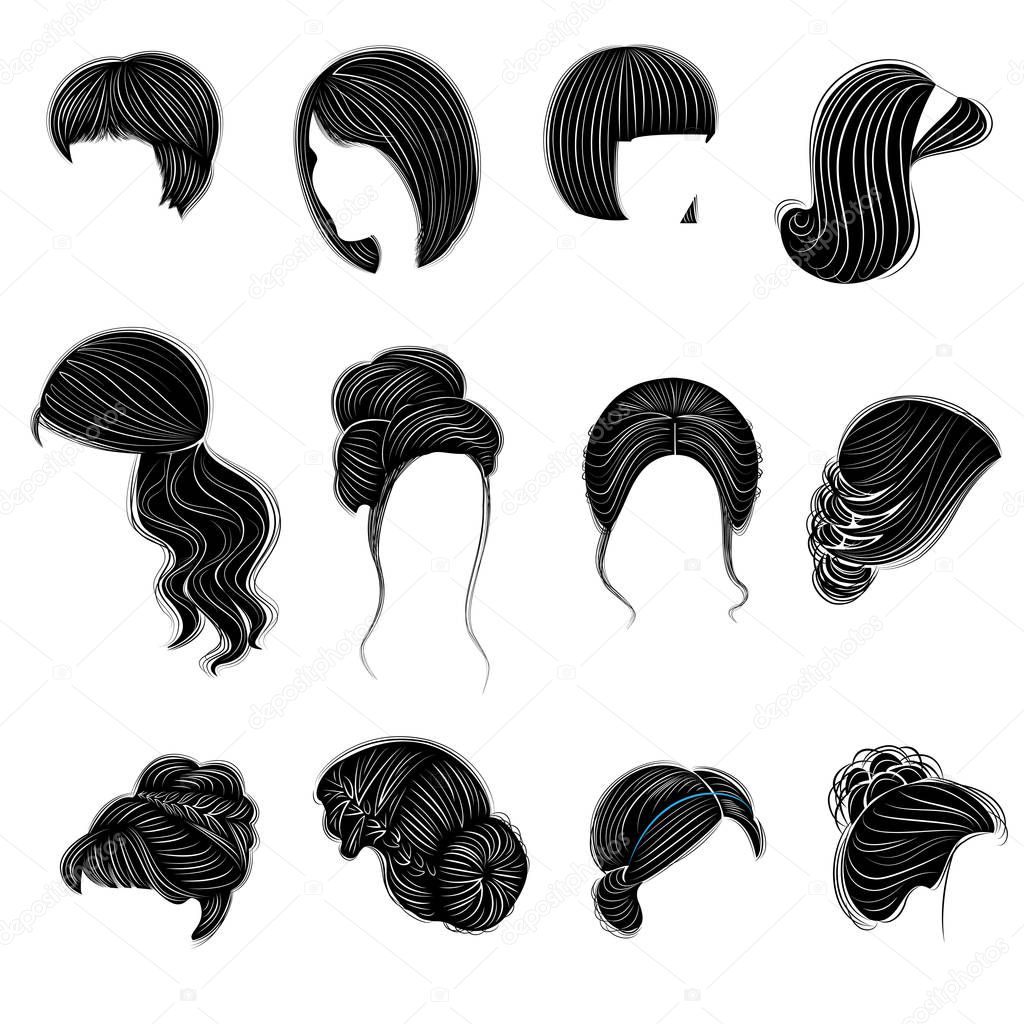 Collection of female hairstyles for short, long and medium hair. Hairstyles are fashionable, beautiful and stylish. For brunettes, blondes and brown-haired. Vector illustration set