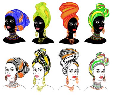 Koleksiyon. Tatlı bir bayanın kafasının silueti. Parlak bir şal, bir türban Bir Afrikalı-Amerikalı kızın kafasına bağlı. Kadın güzel ve şık. Vektör çizimleri kümesi
