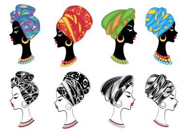 Collection. Silhouette of a head of a sweet lady. A bright shawl, a turban is tied on the head of an African-American girl. The woman is beautiful and stylish. Set of vector illustrations clipart