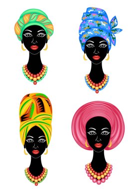 Koleksiyon. Tatlı bir bayanın kafasının silueti. Parlak bir şal, bir türban Bir Afrikalı-Amerikalı kızın kafasına bağlı. Kadın güzel ve şık. Vektör çizimleri kümesi