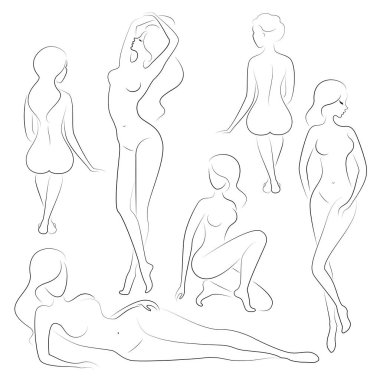 Koleksiyon. Tatlı bir bayan siluet, o oturur ve duruyor. Kızın çok güzel bir çıplak figürü var. Bir kadın genç, ince ve seksi bir modeldir. Vektör çizimleri kümesi