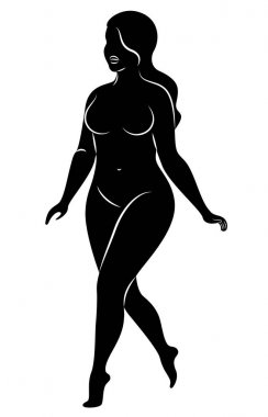 Büyük bir kadın figürünün silueti. Kız ayakta. Kadın kilolu, o güzel ve seksi. Vektör çizimi