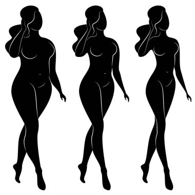 Koleksiyon. Güzel bir kadın figürüsilueti. Kız zayıf, kadın kilolu. Bayan ayakta, o ince ve seksi. Vektör çizimleri kümesi