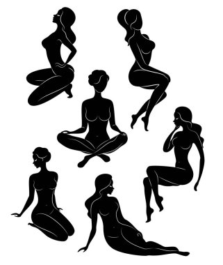 Koleksiyon. Tatlı bir bayan siluet, o oturur ve duruyor. Kızın çok güzel bir çıplak figürü var. Bir kadın genç, ince ve seksi bir modeldir. Vektör çizimleri kümesi