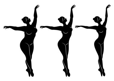 Koleksiyon. Sevimli bir bayan siluet, o bale dans ediyor. Bir kadın kiloludur. Kız tombul, ince, ince. Kadın balerin, jimnastikçi. Vektör illüstrasyon seti