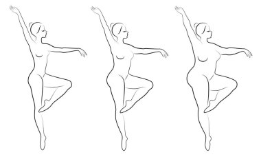 Koleksiyon. Sevimli bir bayan siluet, o bale dans ediyor. Bir kadın kiloludur. Kız tombul, ince, ince. Kadın balerin, jimnastikçi. Vektör illüstrasyon seti