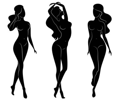 Koleksiyon. Sevimli bir bayan siluet, o duruyor ve yürüyor. Kızın çok güzel bir çıplak figürü var. Kadın - genç seksi ve ince model. Vektör çizimleri kümesi