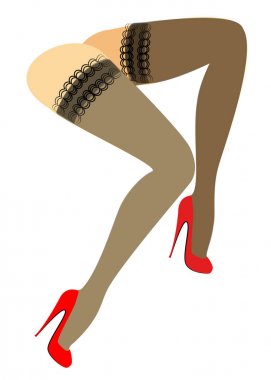 bikinili bir bayanın ilhouette figürü. İnce güzel kadın bacakları, çorap giymiş. Kadınlar kırmızı yüksek topuklu ayakkabılar giyiyor. Vektör çizimi.