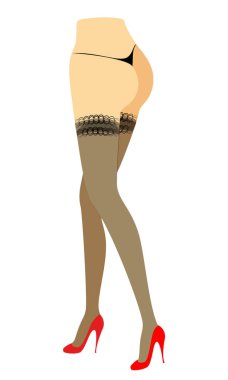 Bikinili bir bayan figürünün silueti. İnce güzel kadın ayakları, bir kemer ile çorap giymiş. Kız kırmızı yüksek topuklu ayakkabılar içinde shod olduğunu. Vektör çizimi