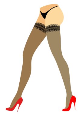 Bikinili bir bayanın siluet figürü. İnce güzel kadın bacakları, çorap giymiş. Kadınlar kırmızı yüksek topuklu ayakkabılar giyiyor. Vektör çizimi