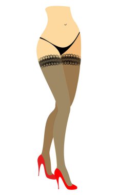 Bikinili bir bayanın siluet figürü. İnce güzel kadın bacakları, çorap giymiş. Kadınlar kırmızı yüksek topuklu ayakkabılar giyiyor. Vektör çizimi