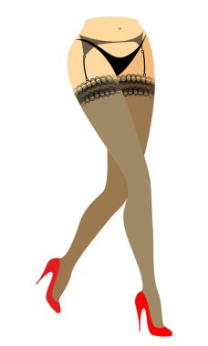 Bikinili bir bayanın siluet figürü. İnce güzel kadın bacakları, çorap giymiş. Kadınlar kırmızı yüksek topuklu ayakkabılar giyiyor. Vektör çizimi