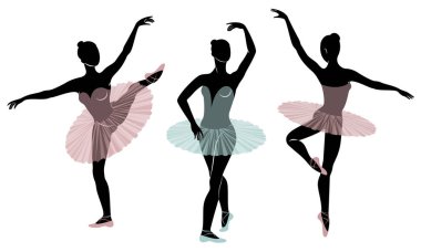 Koleksiyon. Sevimli bir bayan siluet, o bale dans ediyor. Kızın çok güzel bir figürü var. Kadın balerin. Vektör illüstrasyon seti