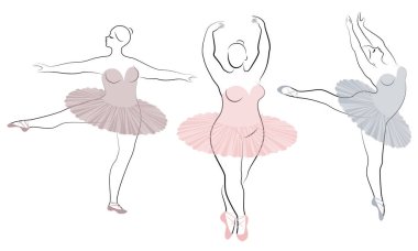 Koleksiyon. Sevimli bir bayan siluet, o bale dans ediyor. Kadın kilolu. Kız tombul ve ince. Kadın balerin, jimnastikçi. Vektör illüstrasyon seti