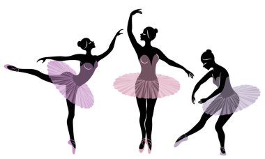 Koleksiyon. Sevimli bir bayan siluet, o bale dans ediyor. Kızın çok güzel bir figürü var. Kadın balerin. Vektör illüstrasyon seti