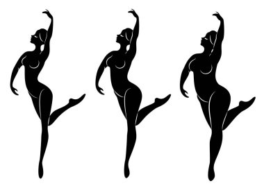 Koleksiyon. Sevimli bir bayan siluet, o bale dans ediyor. Bir kadın kiloludur. Kız tombul, ince, ince. Kadın balerin, jimnastikçi. Vektör illüstrasyon seti
