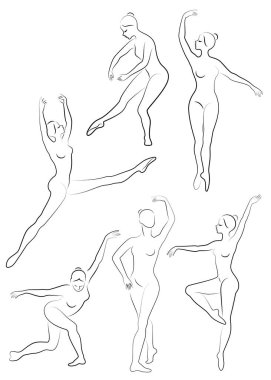 Koleksiyon. Sevimli bir bayan siluet, o bale dans ediyor. Kızın ince ve güzel bir figürü var. Kadın balerin. Vektör illüstrasyon seti