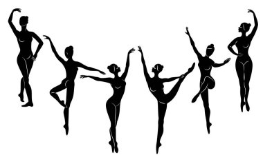 Koleksiyon. Sevimli bir bayan siluet, o bale dans ediyor. Kızın ince ve güzel bir figürü var. Kadın balerin. Vektör illüstrasyon seti