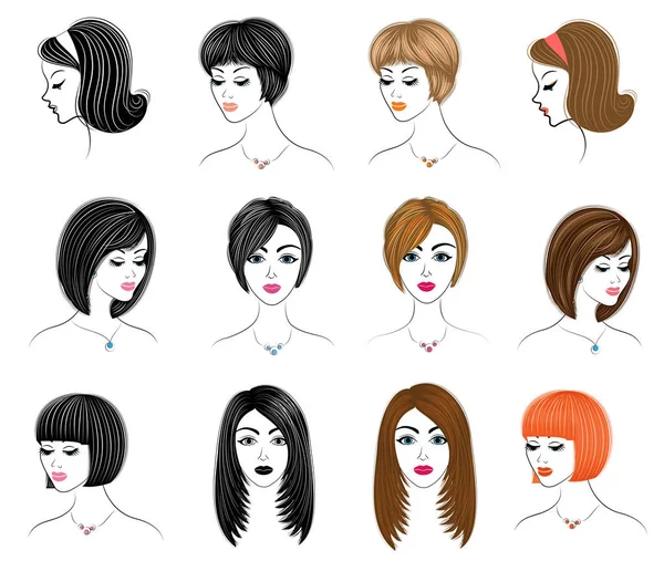 Tresses longues cheveux bruns créatifs, isolés sur fond blanc. Coiffures d'une femme. Ensemble d'illustrations vectorielles — Image vectorielle