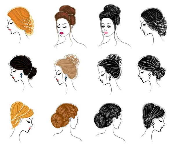 Trenzas largas cabello castaño creativo, aislado sobre fondo blanco. Peinados de mujer. Conjunto de ilustraciones vectoriales — Vector de stock