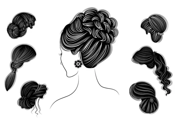Colección de peinados femeninos para cabellos cortos, largos y medios. Los peinados son a la moda, hermoso y con estilo. Para morenas, rubias y de cabello castaño. Juego de ilustración vectorial — Vector de stock