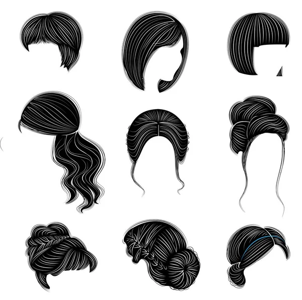 短い、長い、中程度の髪のための女性のヘアスタイルのコレクション。ヘアスタイルは、ファッショナブルで美しく、スタイリッシュです。ブルネット、ブロンド、茶髪の場合。ベクトルイラストセット — ストックベクタ