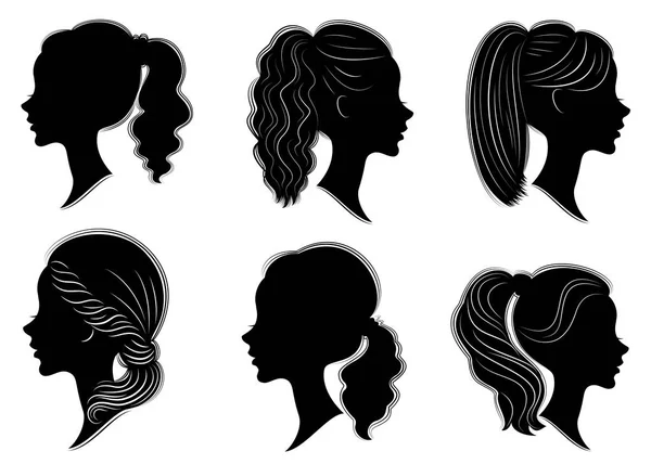 Koleksiyon. Farklı karelerde tatlı bir bayan bir kafa silueti. Kız orta ve uzun saç bir kadın saç modeli gösterir. Logo, reklam için uygundur. Vektör çizimleri kümesi
