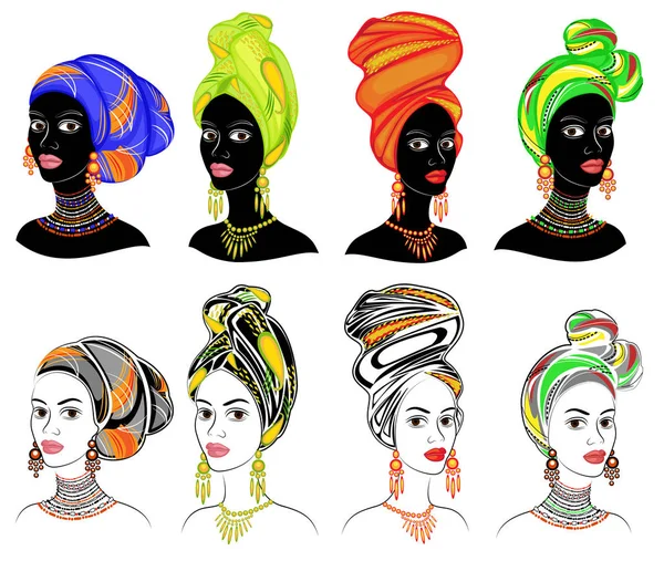 Collecte. Silhouette d'une tête de dame douce. Châle brillant, turban attaché à la tête d'une Afro-Américaine. La femme est belle et élégante. Ensemble d'illustrations vectorielles — Image vectorielle