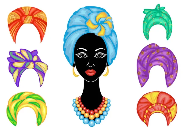 Collecte. Silhouette d'une tête de dame douce. Châle brillant, turban attaché à la tête d'une Afro-Américaine. La femme est belle et élégante. Ensemble d'illustrations vectorielles — Image vectorielle