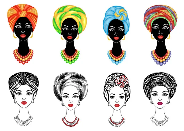 Colección. La silueta de la cabeza de la dama dulce. Un chal brillante, un turbante está atado a la cabeza de una chica afroamericana. La mujer es hermosa y elegante. Conjunto de ilustraciones vectoriales — Vector de stock