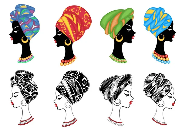 收集。一个甜美的女士的头的剪影。一条鲜艳的披肩，一个头巾系在一个非裔美国女孩的头上。这个女人很漂亮，很时尚。矢量插图集 — 图库矢量图片