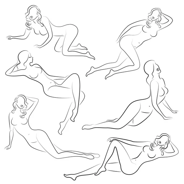 Collection. Silhouettes of lovely ladies. Beautiful girls are sitting in different poses. The figures of women are naked, feminine and slender. Set of vector illustrations — Stock Vector