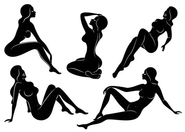 Collectie. Silhouetten van mooie dames. Mooie meiden zitten in verschillende poses. De figuren van vrouwen zijn naakt, vrouwelijk en slank. Set Vector illustraties — Stockvector