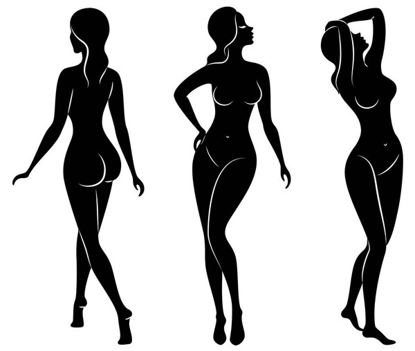 Collection. Silhouette of a cute lady, she stands and walks. The girl has a beautiful nude figure. Woman - young sexy and slim model. Set of vector illustrations