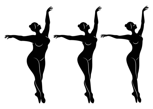 Collectie. Silhouet van een schattige dame, ze is dansen ballet. Een vrouw is overgewicht. Het meisje is mollig, slank, dun. Vrouw ballerina, gymnast. Vector illustratie instellen — Stockvector