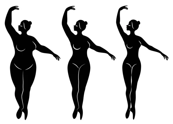 Colección. Silueta de una linda dama, ella está bailando ballet. Una mujer tiene sobrepeso. La chica es regordeta, delgada, delgada. Bailarina, gimnasta. Juego de ilustración vectorial — Archivo Imágenes Vectoriales