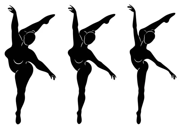 Sammlung. Silhouette einer niedlichen Dame, sie tanzt Ballett. eine Frau ist übergewichtig. das Mädchen ist mollig, schlank, dünn. Ballerina, Turnerin. Vektor Illustration Set — Stockvektor